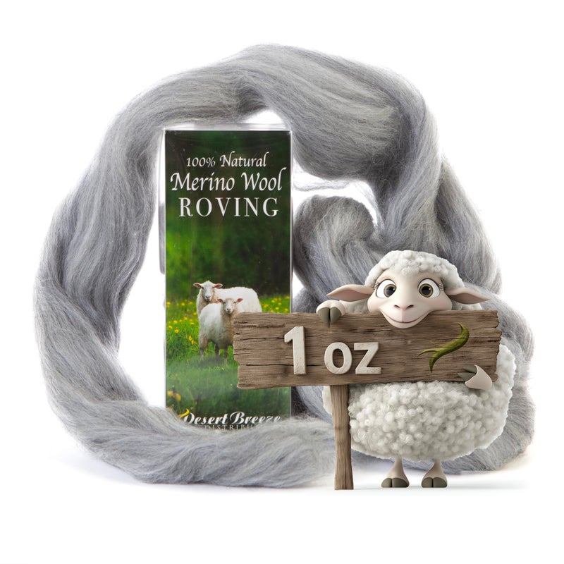 Desert Breeze Distributing 100% Natural Merino Wool Roving - Premium Combed Top Merino Roving Wool - Tapestry, Spinning, Wet Felting & Needle Felting Supplies - 21.5 Micron - 1 oz, Color Grey - Image 1